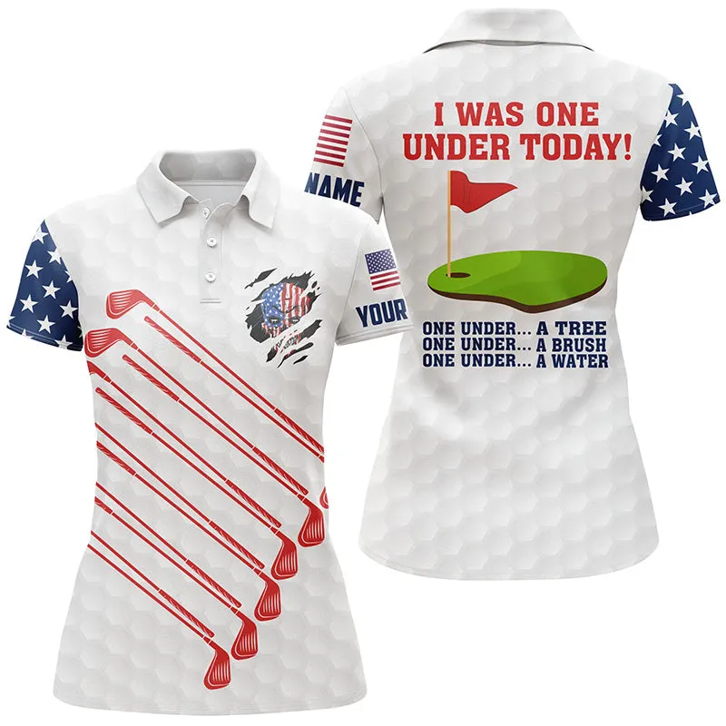 American Flag Golf Clubs Custom Womens Golf Polo Shirt I Was One Under Today One Under Tree Bush Water