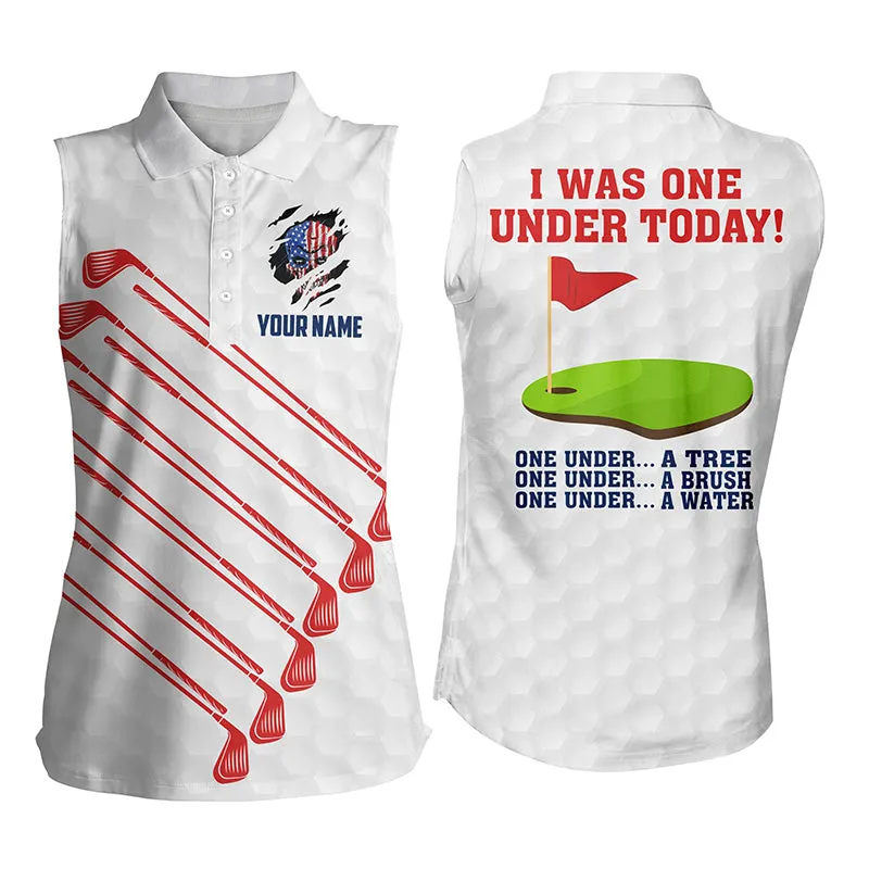 American Flag Golf Clubs Custom Womens Golf Polo Shirt I Was One Under Today One Under Tree Bush Water