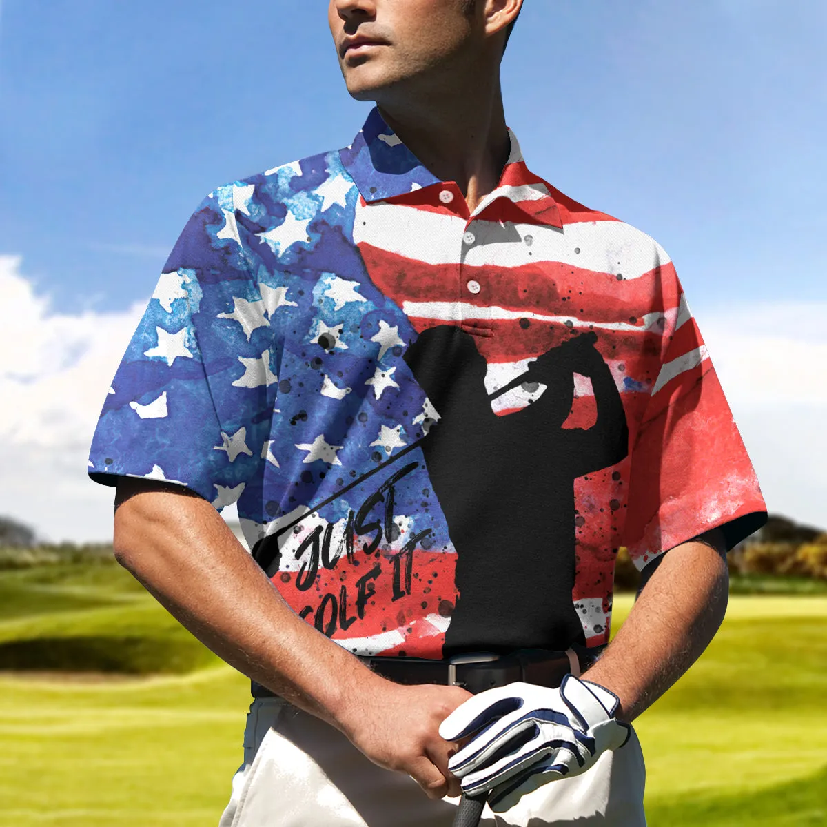 American Golfer Just Golf It Short Sleeve Golf Polo Shirt, Wet Paint American Flag Polo Shirt, Patriotic Golf Shirt For Men Coolspod