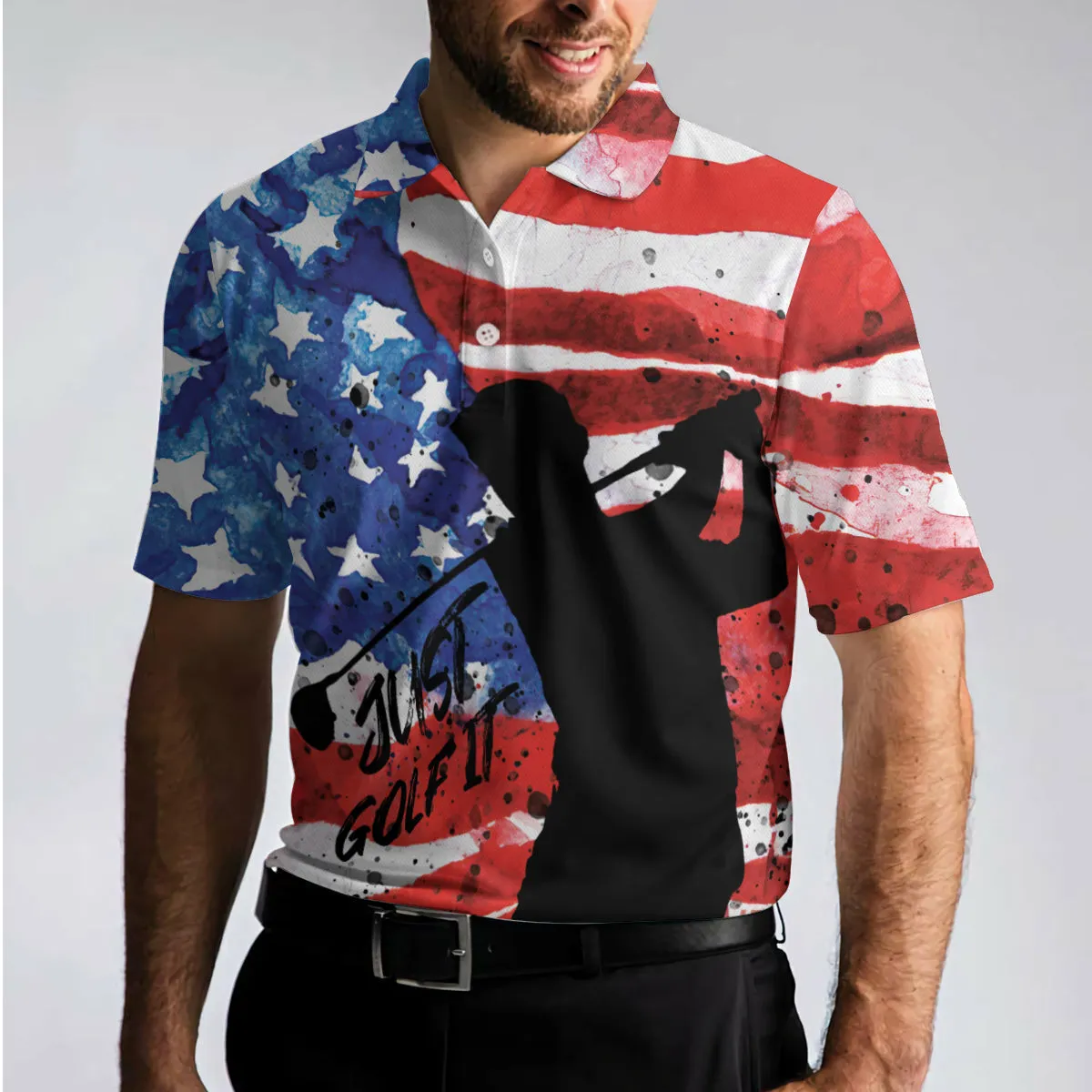 American Golfer Just Golf It Short Sleeve Golf Polo Shirt, Wet Paint American Flag Polo Shirt, Patriotic Golf Shirt For Men Coolspod