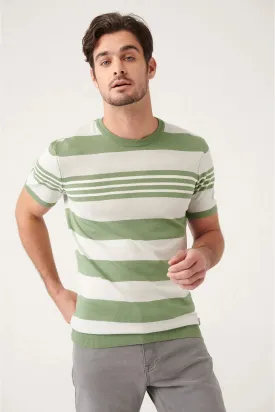 Avva Men's Water Green Crew Neck Ribbed Striped Slim Fit Narrow Cut Knitwear T-shirt