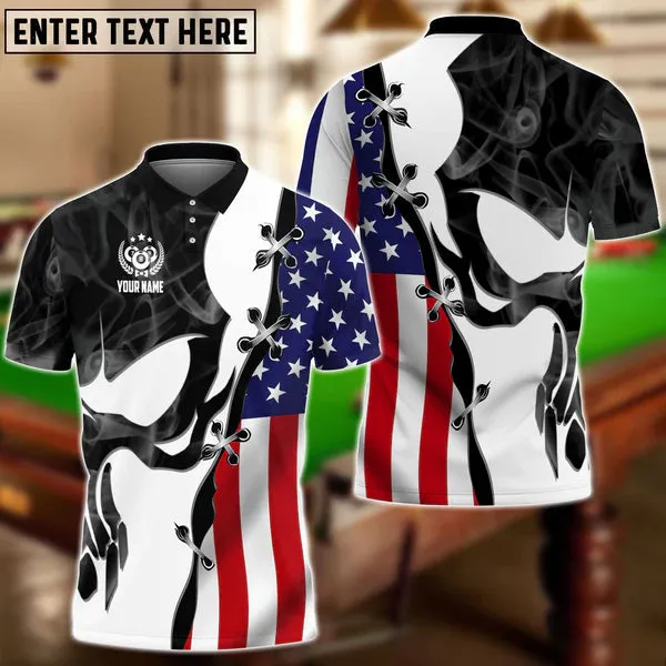 Billiards Skull USA Flag Smoke Personalized Name 3D Polo Shirt, Perfect Gift for Billiard Lovers