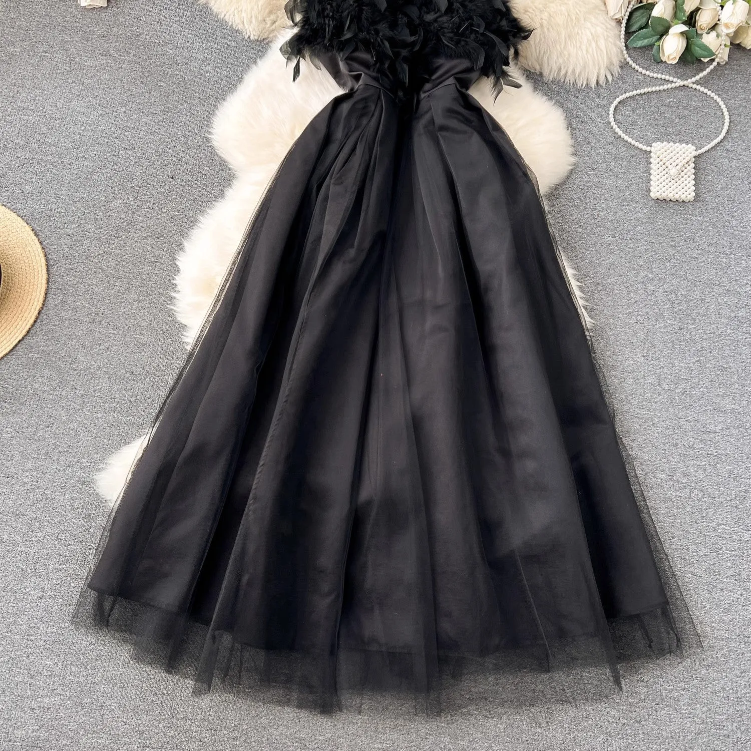 black dress for women feather puffy suspender dress      S4586