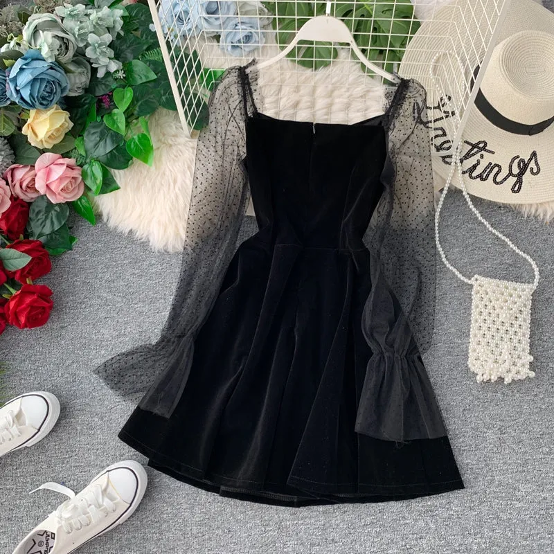 Black velvet short dress black fashion dress  S39