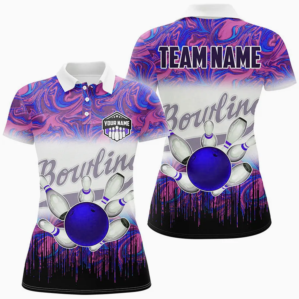 Bowling Ball And Pins Marble Pattern Multicolor Option Customized Name 3D Shirt For Women