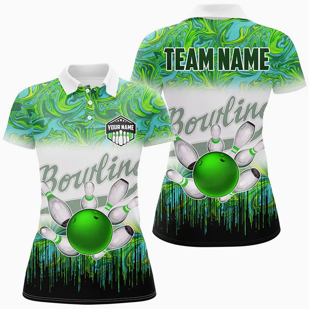 Bowling Ball And Pins Marble Pattern Multicolor Option Customized Name 3D Shirt For Women