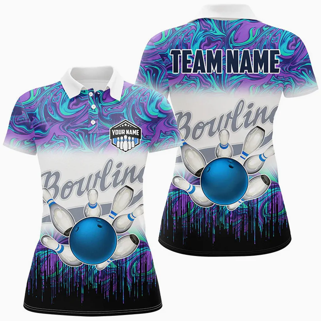 Bowling Ball And Pins Marble Pattern Multicolor Option Customized Name 3D Shirt For Women