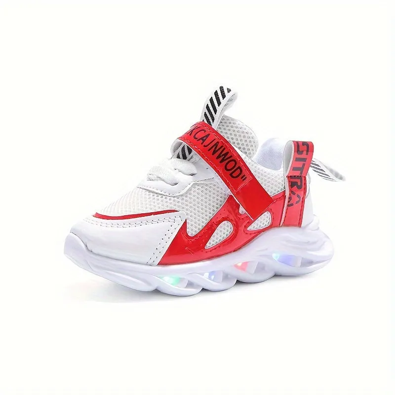 Boys and Unisex Kids LED Flashing Sneakers with Adjustable Strap, Breathable Mesh Upper, PVC Sole, Fabric Insole and Interior, Geometric Pattern, Ages 14 and Under, Includes Disposable Button Battery, Safe Low Voltage Operation