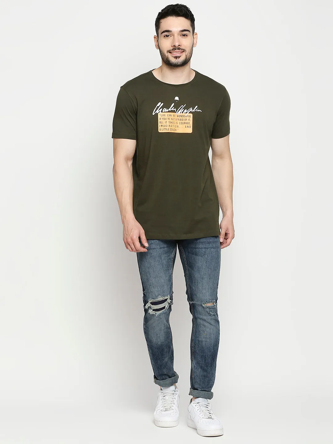 Charlie Chaplin By Spykar Olive Green Cotton Half Sleeve Printed Casual T-Shirt For Men