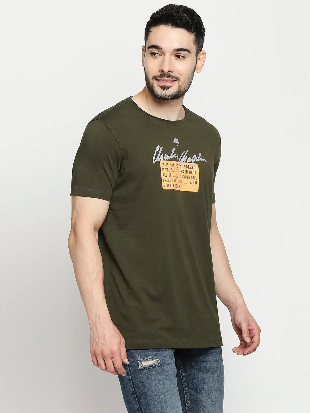 Charlie Chaplin By Spykar Olive Green Cotton Half Sleeve Printed Casual T-Shirt For Men