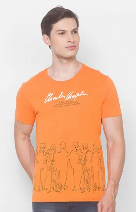 Charlie Chaplin Spykar Men Light Orange Blended Slim Fit Printed Round Neck Tshirt