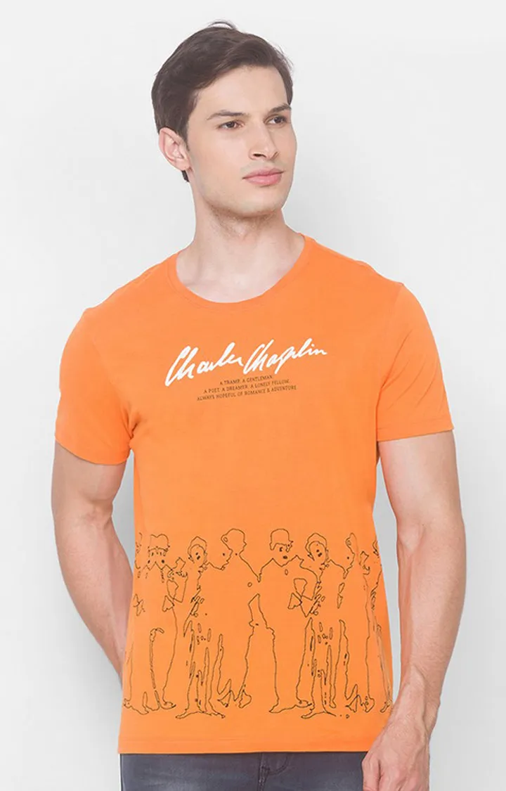 Charlie Chaplin Spykar Men Light Orange Blended Slim Fit Printed Round Neck Tshirt