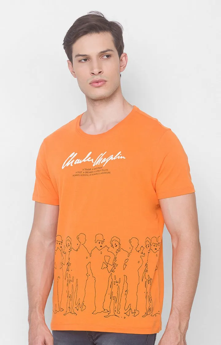 Charlie Chaplin Spykar Men Light Orange Blended Slim Fit Printed Round Neck Tshirt