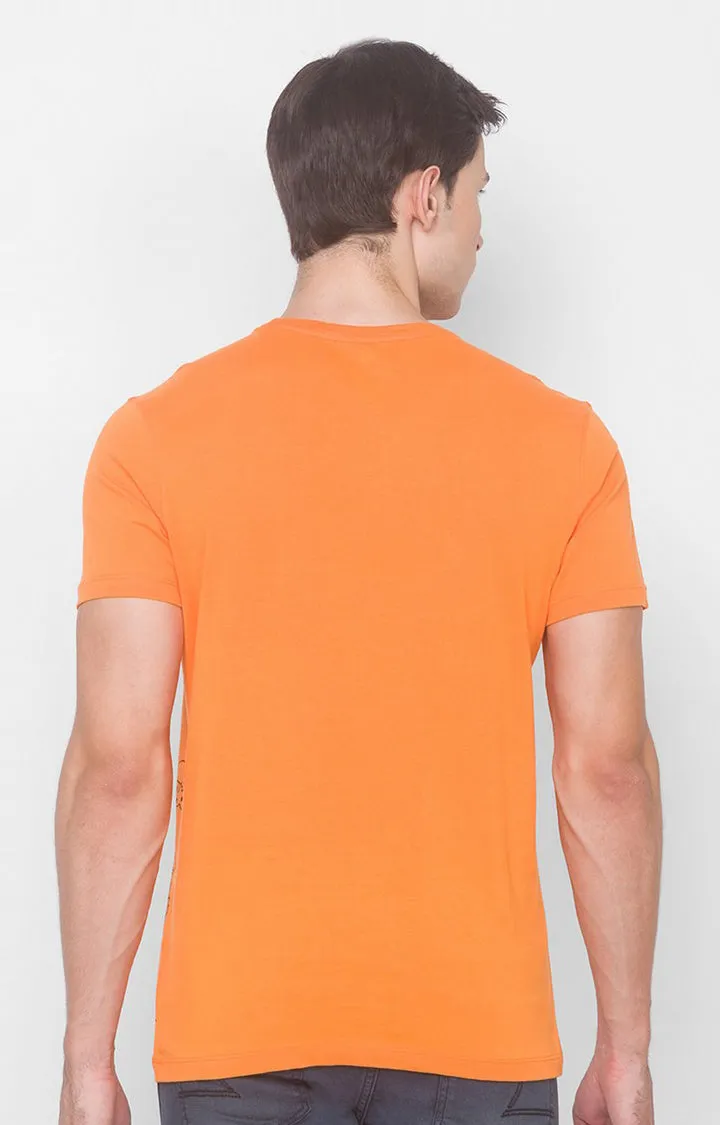 Charlie Chaplin Spykar Men Light Orange Blended Slim Fit Printed Round Neck Tshirt