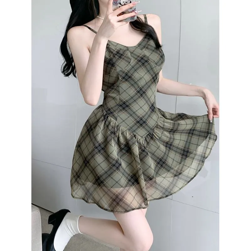 Chiffon Print Off-Shoulder Chic Slimming French Style Cinched Waist Plaid Dress