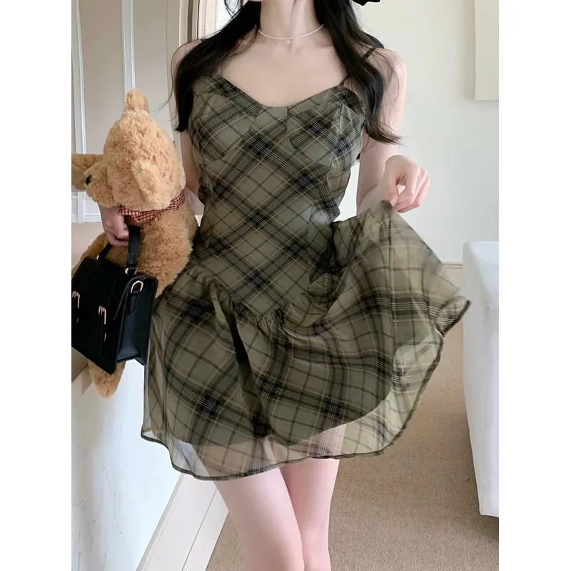 Chiffon Print Off-Shoulder Chic Slimming French Style Cinched Waist Plaid Dress