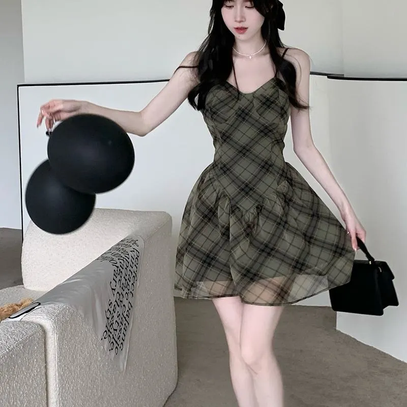 Chiffon Print Off-Shoulder Chic Slimming French Style Cinched Waist Plaid Dress