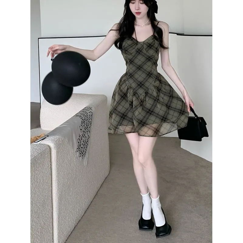 Chiffon Print Off-Shoulder Chic Slimming French Style Cinched Waist Plaid Dress