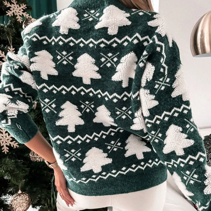 Christmas Tree Jacquard Crew Neck Long Sleeve Oversized Sweater - Green