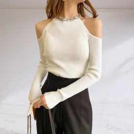 Cold Shoulder Necklace Embellished Sweater