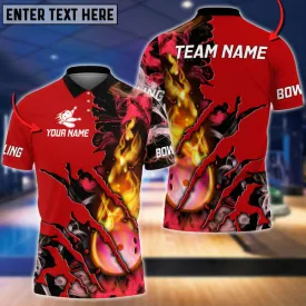 Coolspod Pink Bowling Ball Flame Smoke Pattern Premium Customized Name 3D Polo Shirt