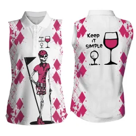 Coolspod White Pink Women Golf Shirt Skull Keep It Simple Golf & Wine Women's Sleeveless Golf Polo Shirt