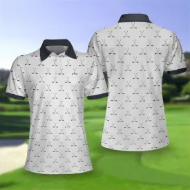 Crossed Golf Clubs Black And White Golf Short Sleeve Women Polo Shirt, Gift for Golf Lovers