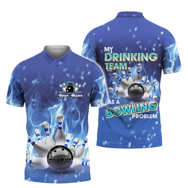 Customized Bowling Strike On Blue Fire 3D Polo Shirt, Best Shirt For Team Bowling, Bowling Uniform Lover