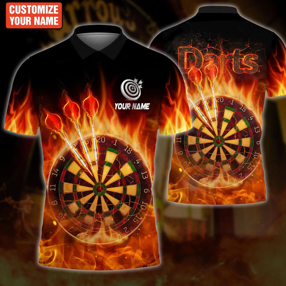 Dart On Fire Personalized Name 3D Polo Shirt Darts, Unisex for Man Women, Dart Team Shirt