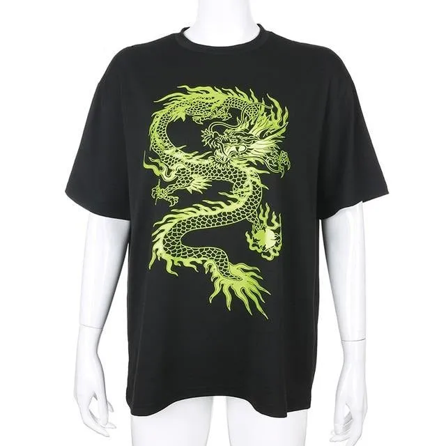 Dragon Pattern Short Sleeve Hip Hop Casual Loose Oversized Summer Tees