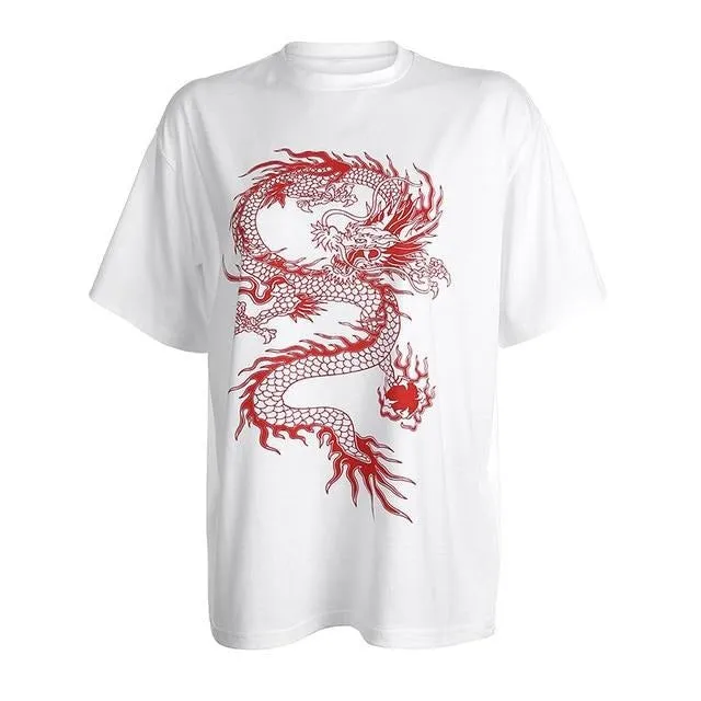 Dragon Pattern Short Sleeve Hip Hop Casual Loose Oversized Summer Tees