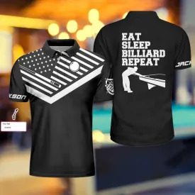 Eat Sleep Billiard Repeat Custom Polo Shirt Personalized Billiard Polo Shirt American Flag Shirt