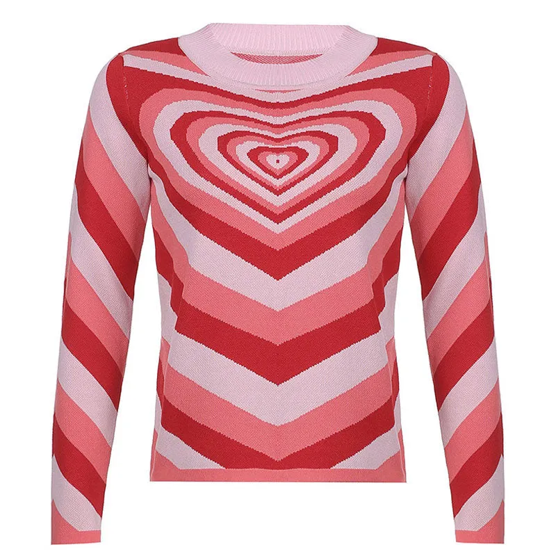 Fall in Love Heart Printed High Neck Pullover Sweater - Pink