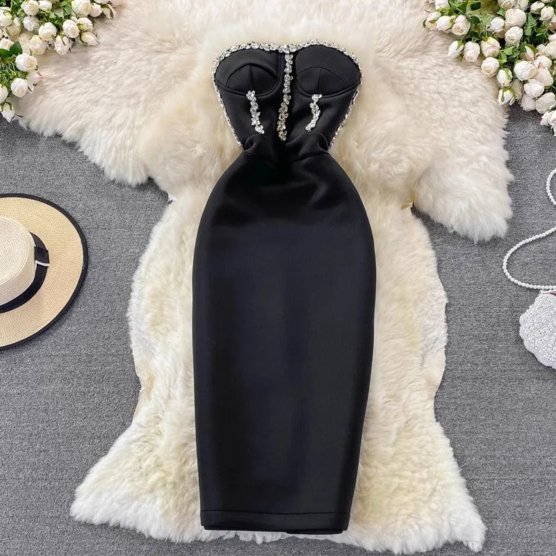 Fashionable dress backless diamond-encrusted tube top dress for women    S4112