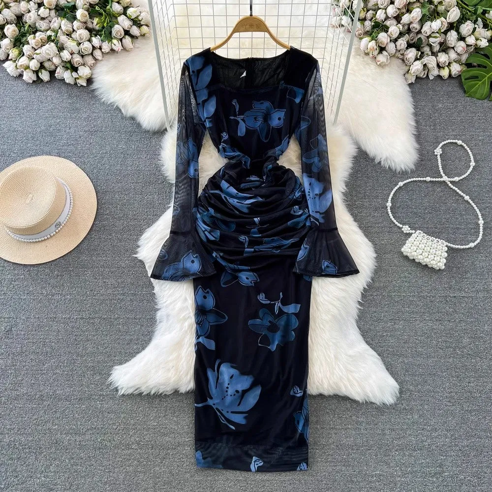 Fashionable long-sleeved square neck mid-length mesh printed dress      S4185