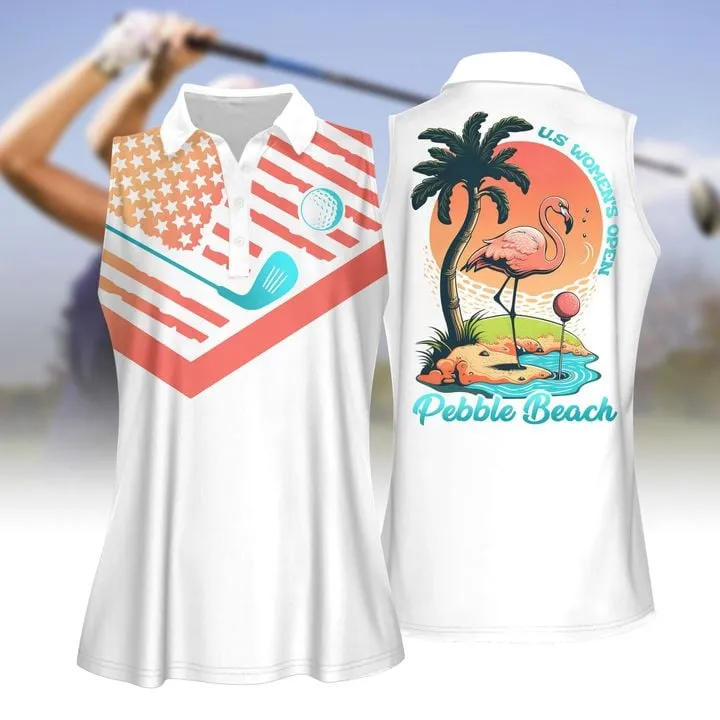 Flamingo U.S OP Pebble Beach Women Polo Shirt, Women Short Sleeve Polo Shirt, Sleeveless Polo Shirt