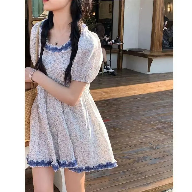 Floral Print Lace Color-Blocking Bubble Sleeve Dress