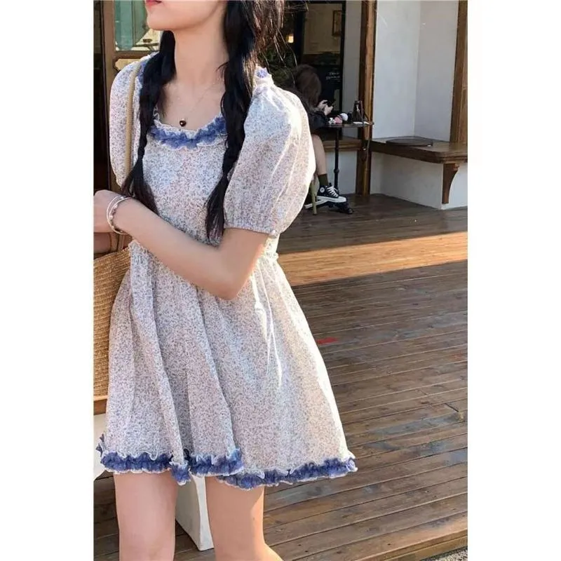 Floral Print Lace Color-Blocking Bubble Sleeve Dress