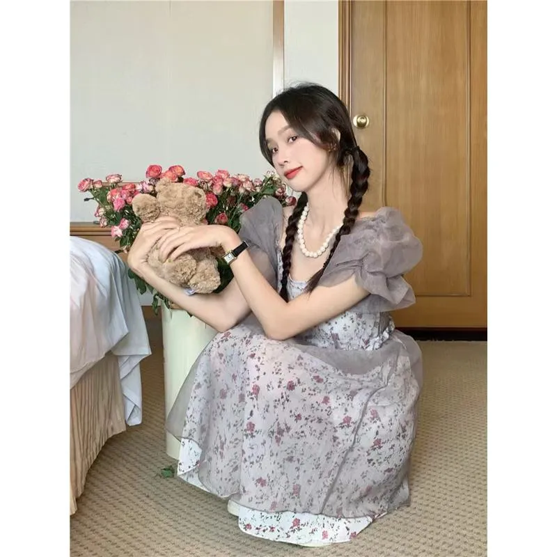 Floral Print Petite Anti-Aging Bubble Sleeve Dress