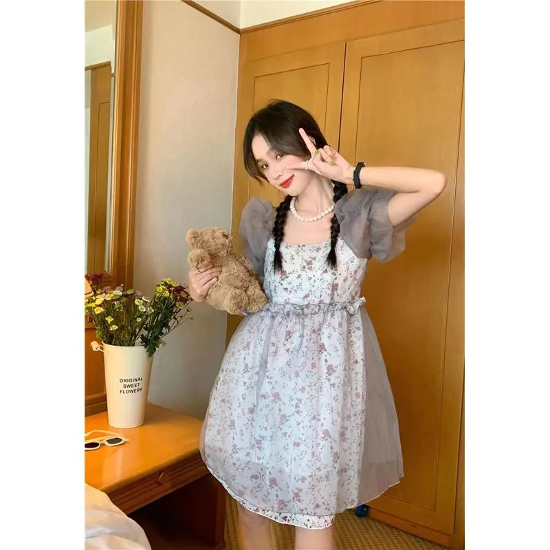 Floral Print Petite Anti-Aging Bubble Sleeve Dress