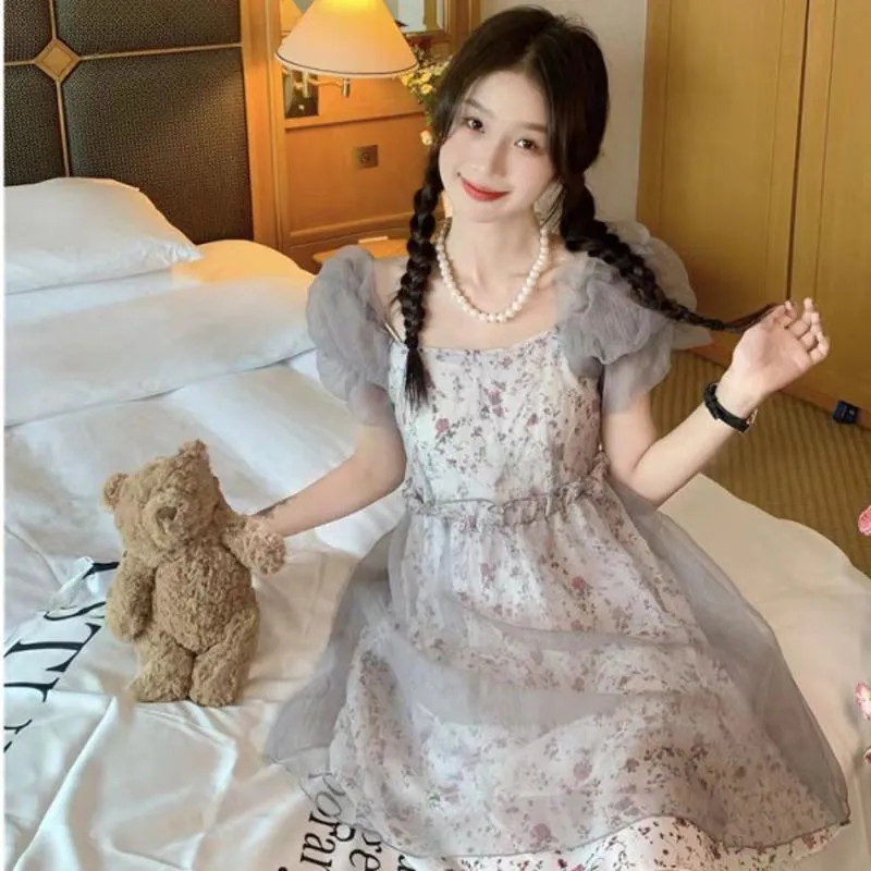 Floral Print Petite Anti-Aging Bubble Sleeve Dress