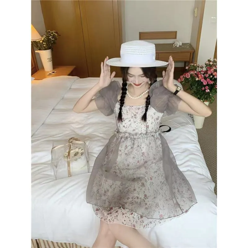 Floral Print Petite Anti-Aging Bubble Sleeve Dress