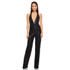 Glitter Sequin Fringe Plunge Backless Wide Leg Party Jumpsuit - Black