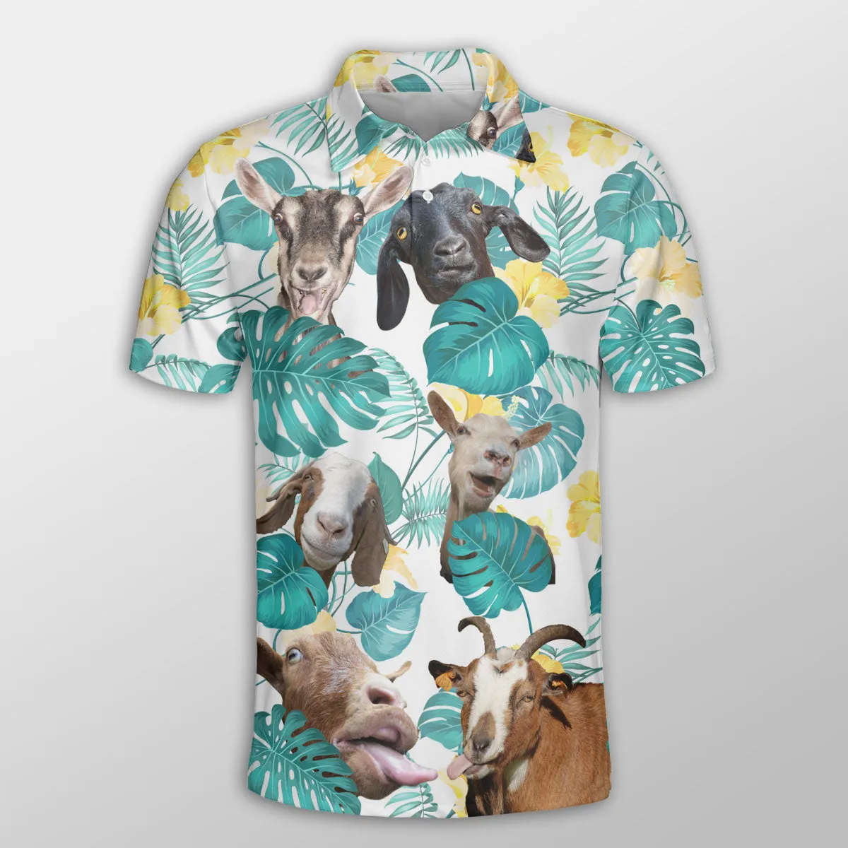 Goat In Tropical Leaves Pattern Button Polo Shirt, Farm 3D Shirt, Gift for Farmer