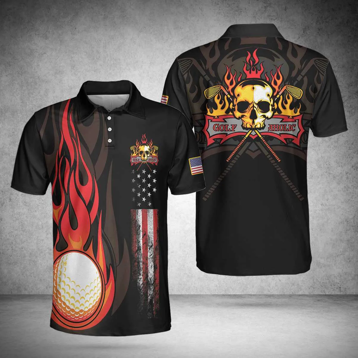 Golf Flame Skull Short Sleeve Golf Polo Shirt, Black American Flag Golf Shirt For Men, Cool Gift For Golfers Coolspod