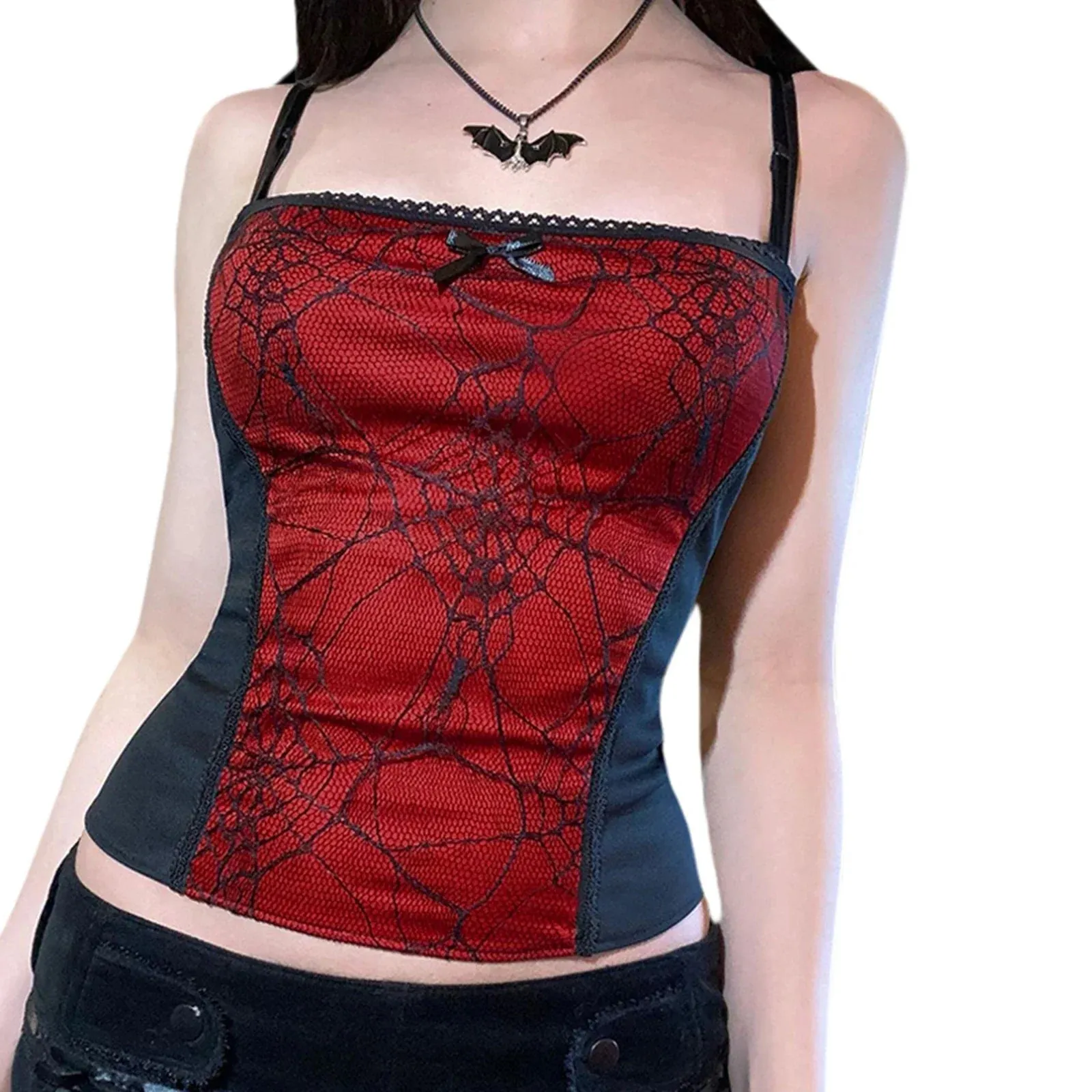 Gothic Backless Pattern Spider Zipper Crop Web Sleeveless Top