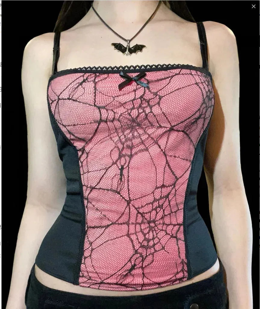 Gothic Backless Pattern Spider Zipper Crop Web Sleeveless Top