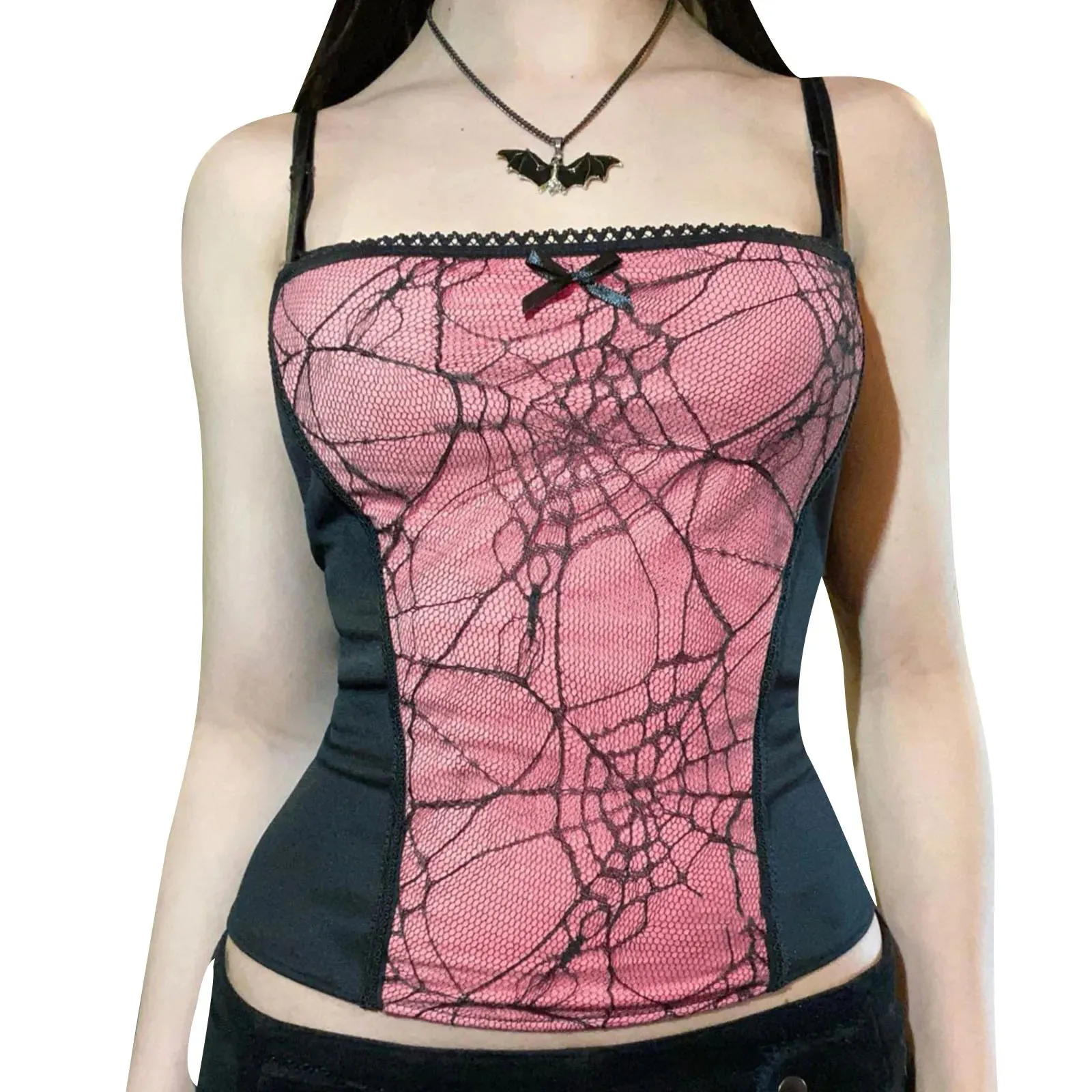 Gothic Backless Pattern Spider Zipper Crop Web Sleeveless Top