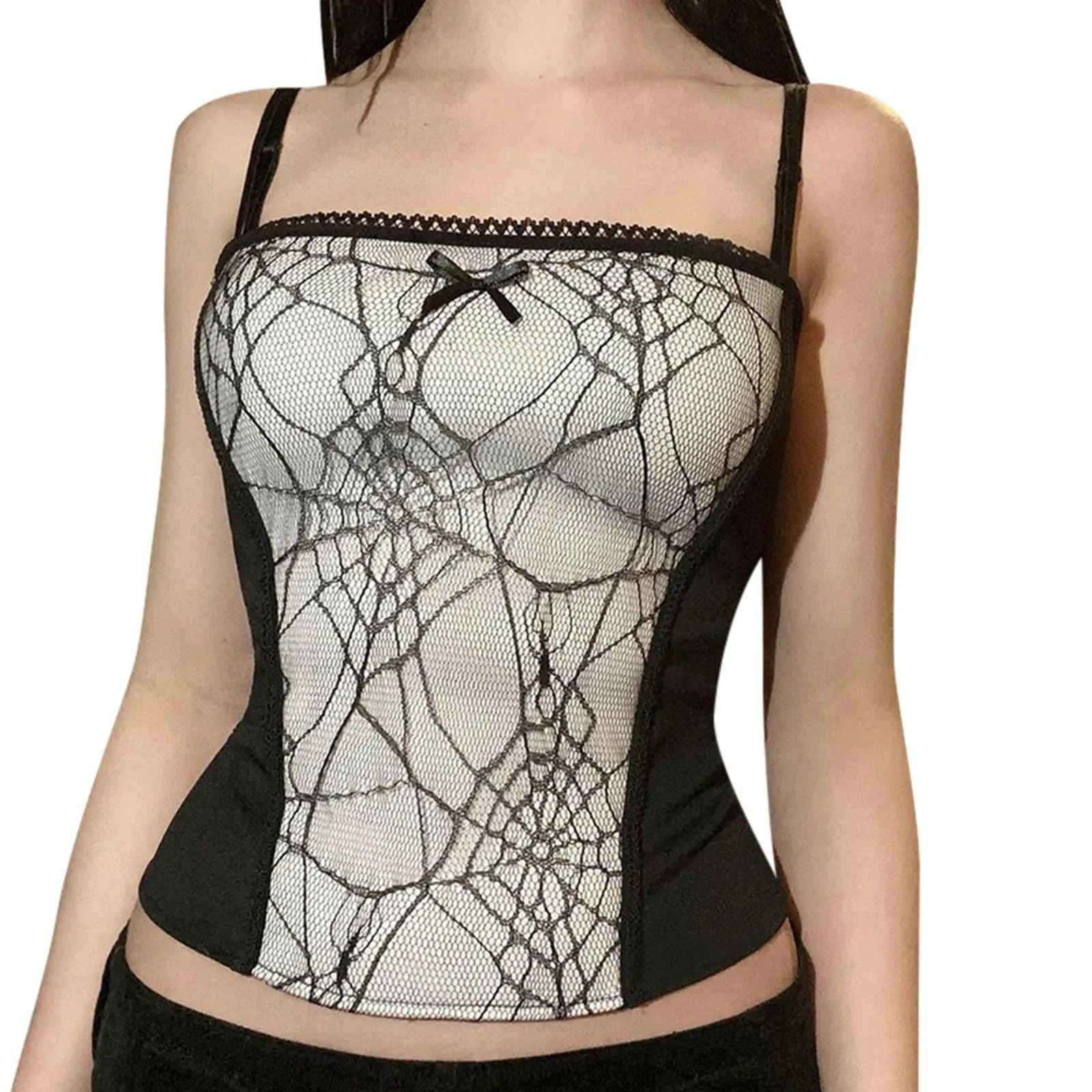 Gothic Backless Pattern Spider Zipper Crop Web Sleeveless Top