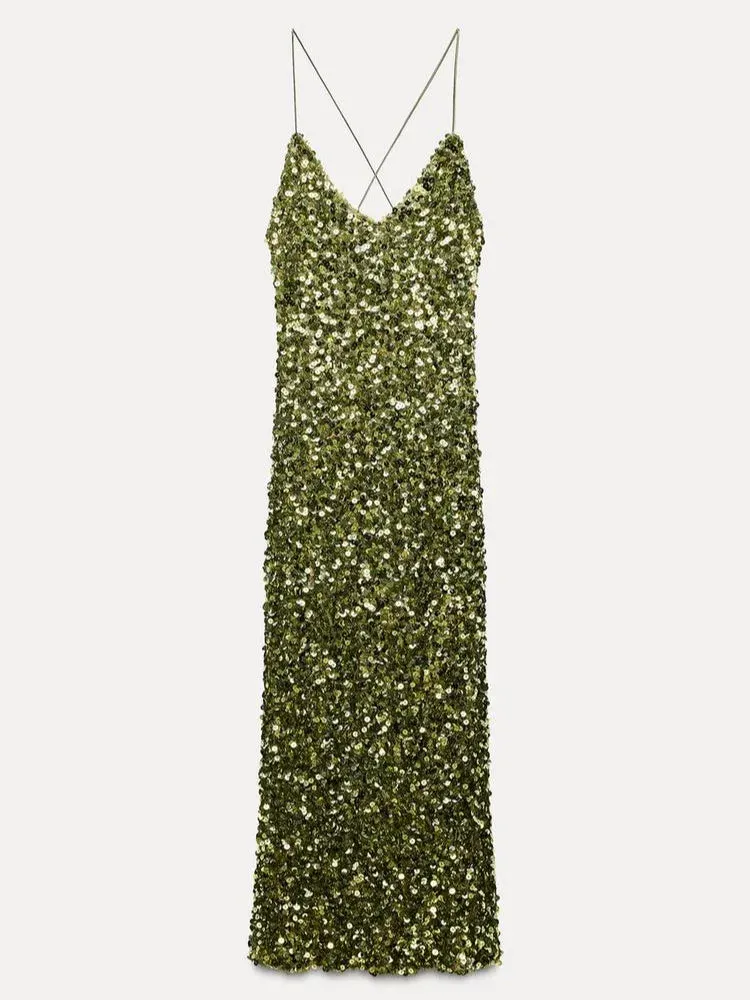 Green Sequin Backless Sling Dress - Sexy Off Shoulder Christmas Party Dress